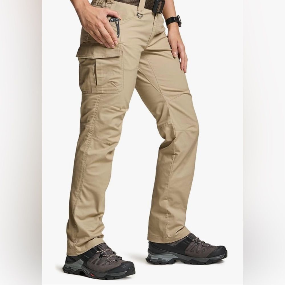 Women’s Stretch Tactical Cargo Pants with Pockets in Color Khaki, Size 4L.